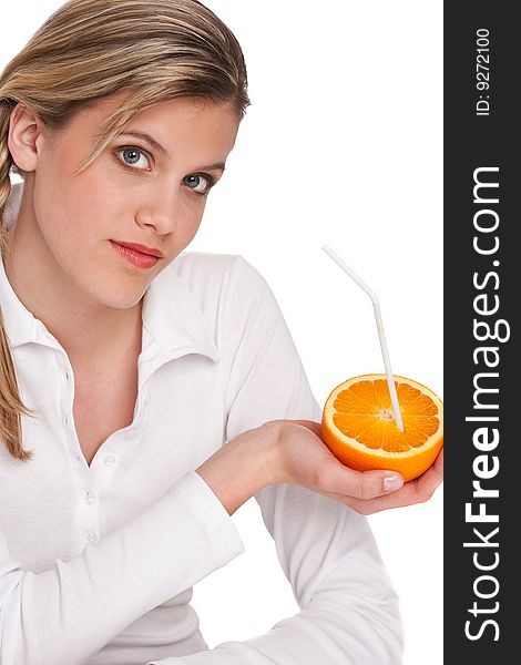 Woman showing orange on white background. Woman showing orange on white background
