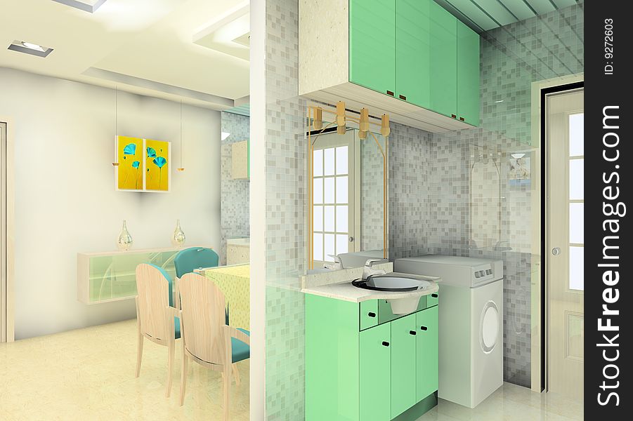 A faddish kitchen and washing room. A faddish kitchen and washing room