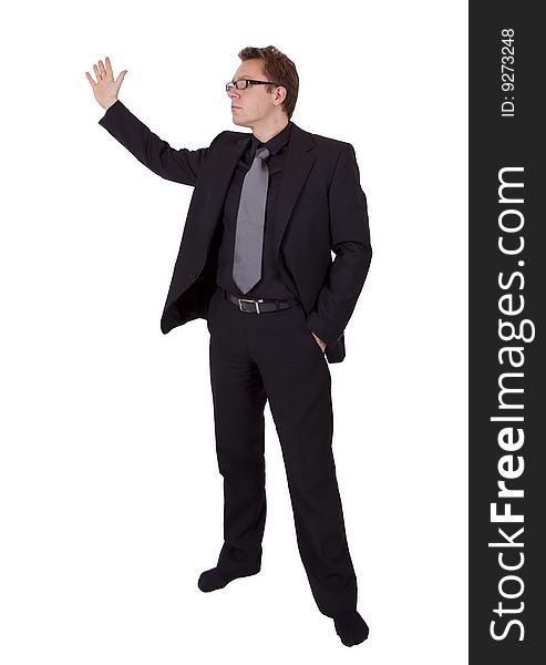 Businessman with glasses is presenting something. He is wearing a black suit. Businessman with glasses is presenting something. He is wearing a black suit.