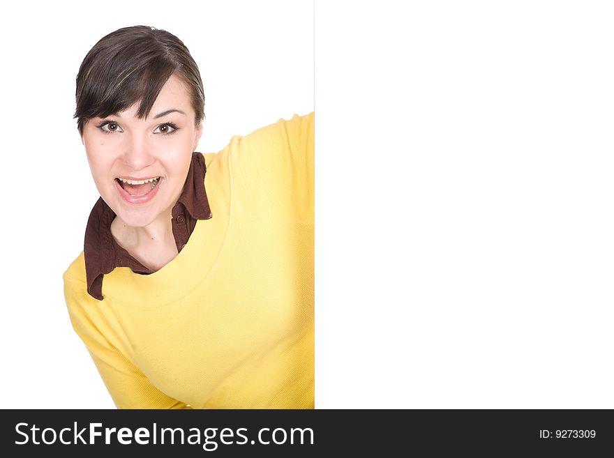 Happy brunette woman holding banner. Happy brunette woman holding banner