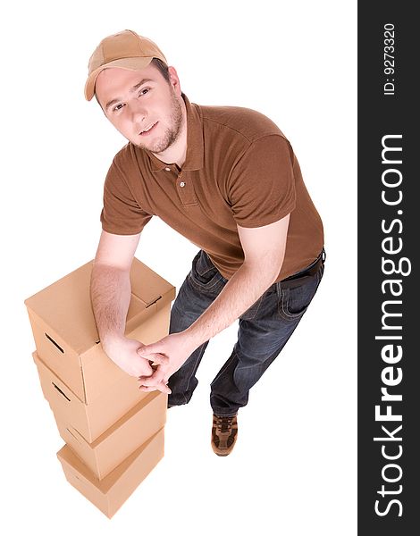 Delivery man with package. over white background