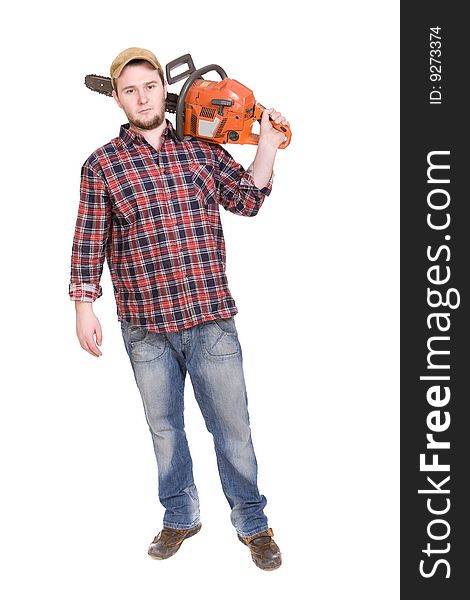 Happy woodcutter with saw. over white background