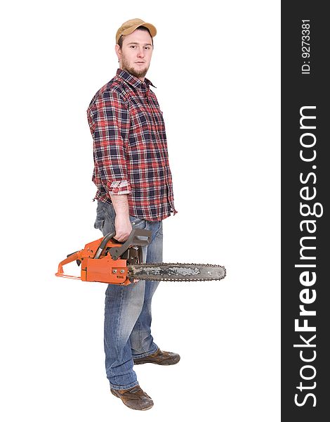 Happy woodcutter with saw. over white background