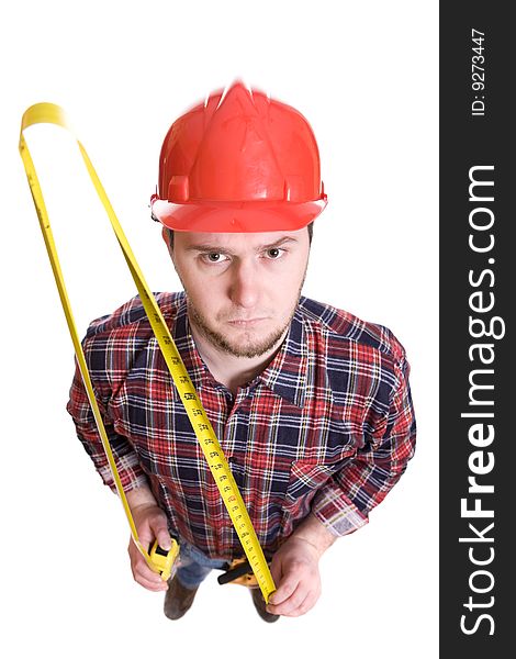 Worker with tools over white background