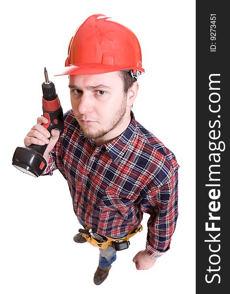 Worker with tools over white background