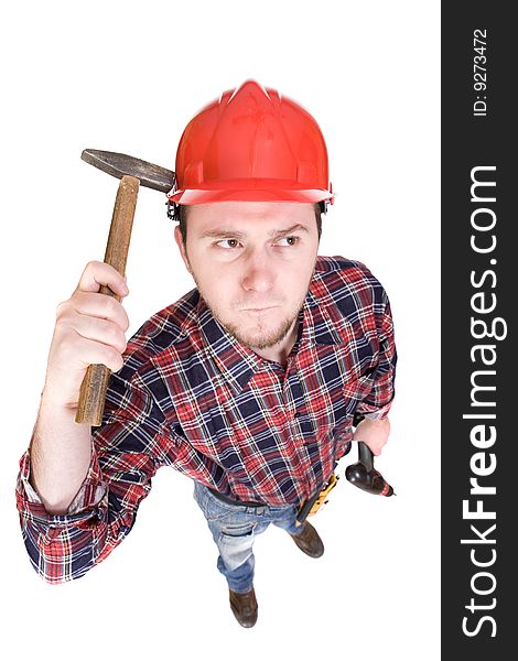 Worker with tools over white background