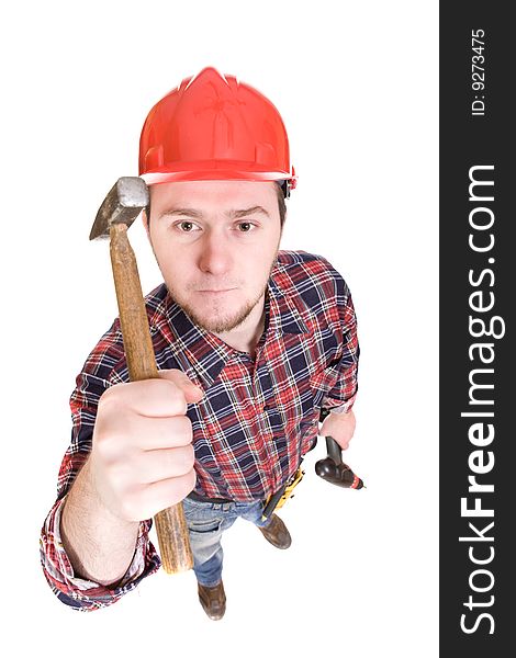 Worker with tools over white background