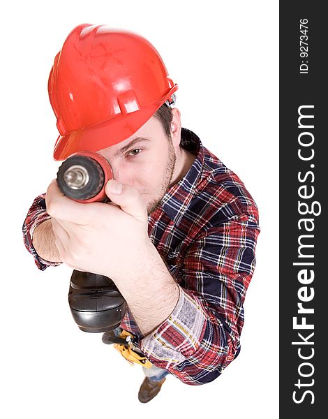 Worker with tools over white background