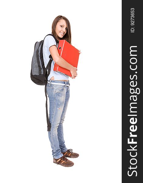 Pretty teenage ready to school . over white background. Pretty teenage ready to school . over white background