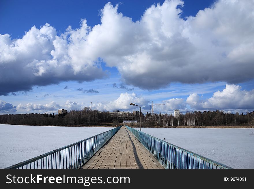Russia. Bridge through the bay of lake of Senezh in town Solnechnogorsk. Russia. Bridge through the bay of lake of Senezh in town Solnechnogorsk
