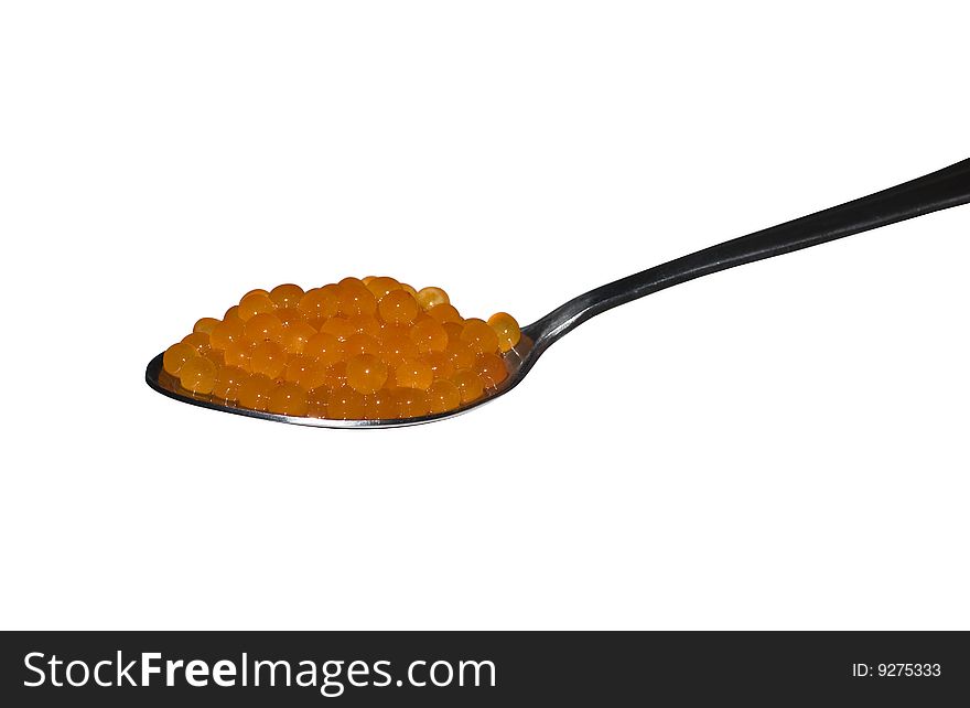 Fresh salmon roe on a spoon.  These eggs are considered a delicacy by some and are used in Japanese cuisine. Fresh salmon roe on a spoon.  These eggs are considered a delicacy by some and are used in Japanese cuisine.