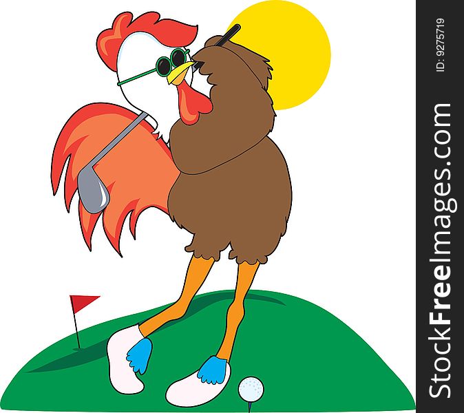 A cool rooster taking a swing on the golf course. A cool rooster taking a swing on the golf course