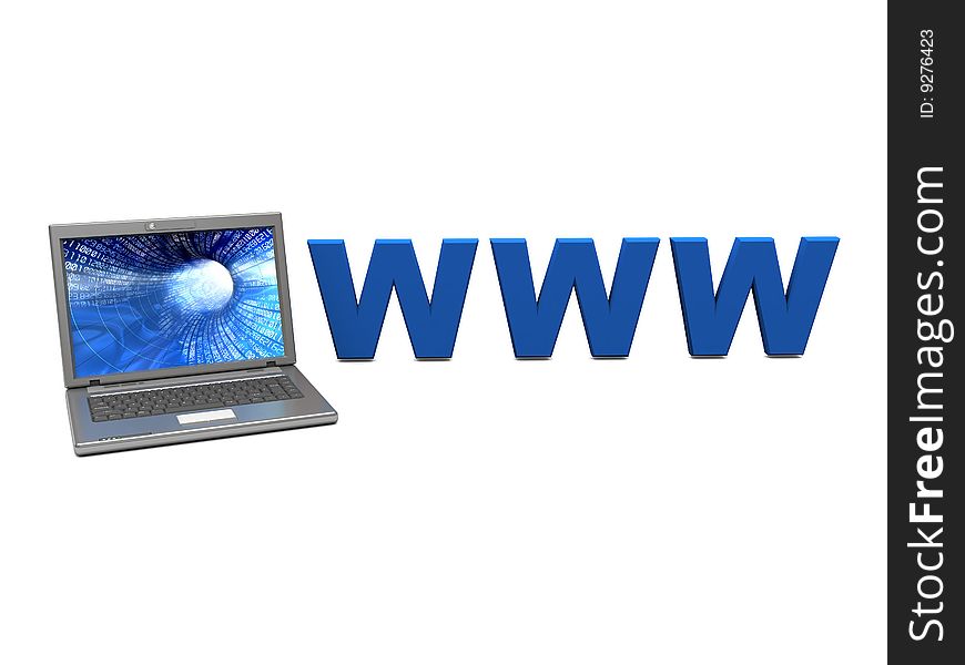 3d illustration of laptop and sign 'www', over white background. 3d illustration of laptop and sign 'www', over white background