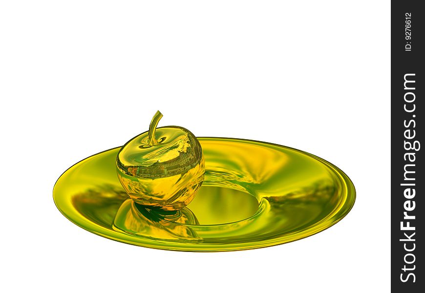 Golden apple on a plate on a white background. Golden apple on a plate on a white background