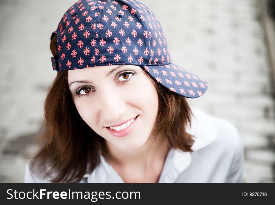 Pretty Girl With Baseball Cap. Close-Up Portrait. Pretty Girl With Baseball Cap. Close-Up Portrait