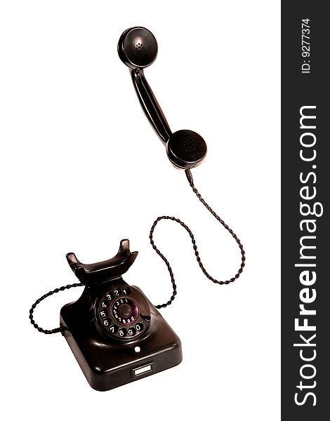 Black vintage telephone, receiver off the hook, isolation on white. Black vintage telephone, receiver off the hook, isolation on white