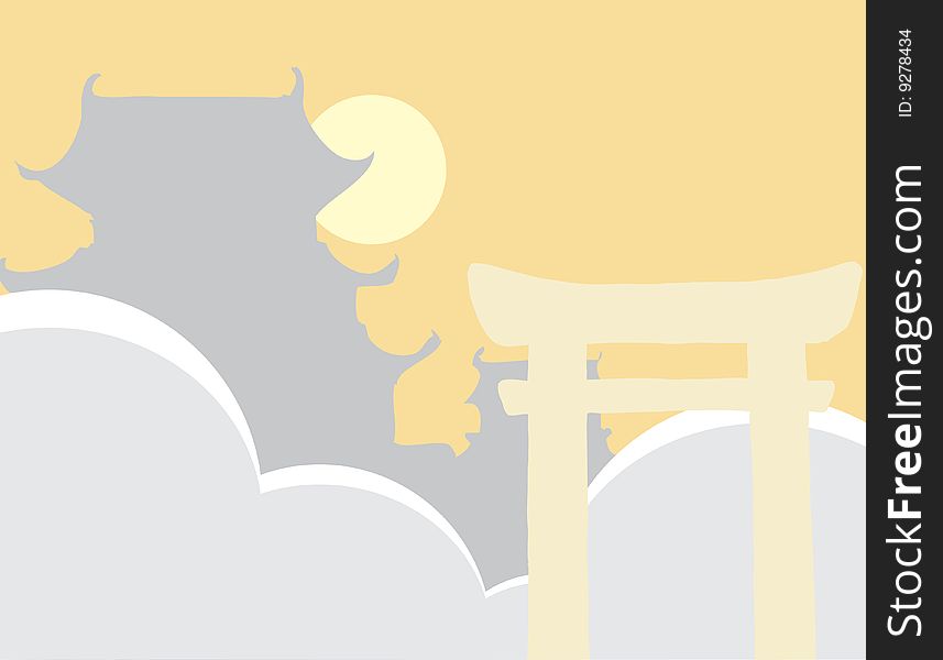 Silhouettes of japanese tori gate and castle with clouds and s. Silhouettes of japanese tori gate and castle with clouds and s