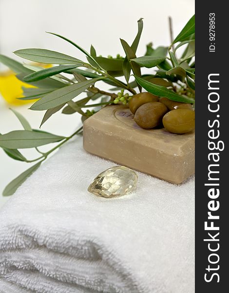 Olive bath items isolated on the white. wellness p