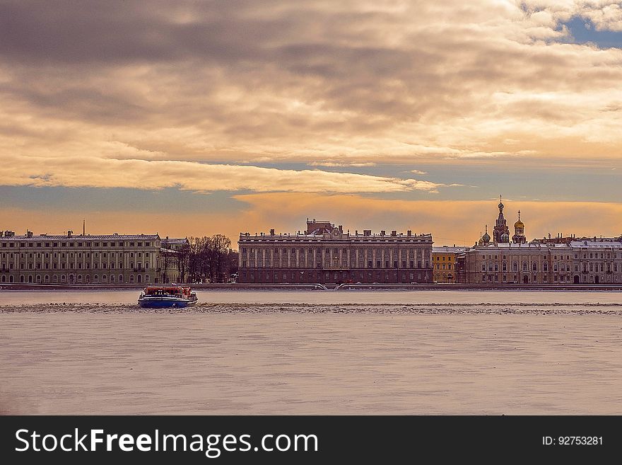 Saint Petersburg and the Neva River at sunset.