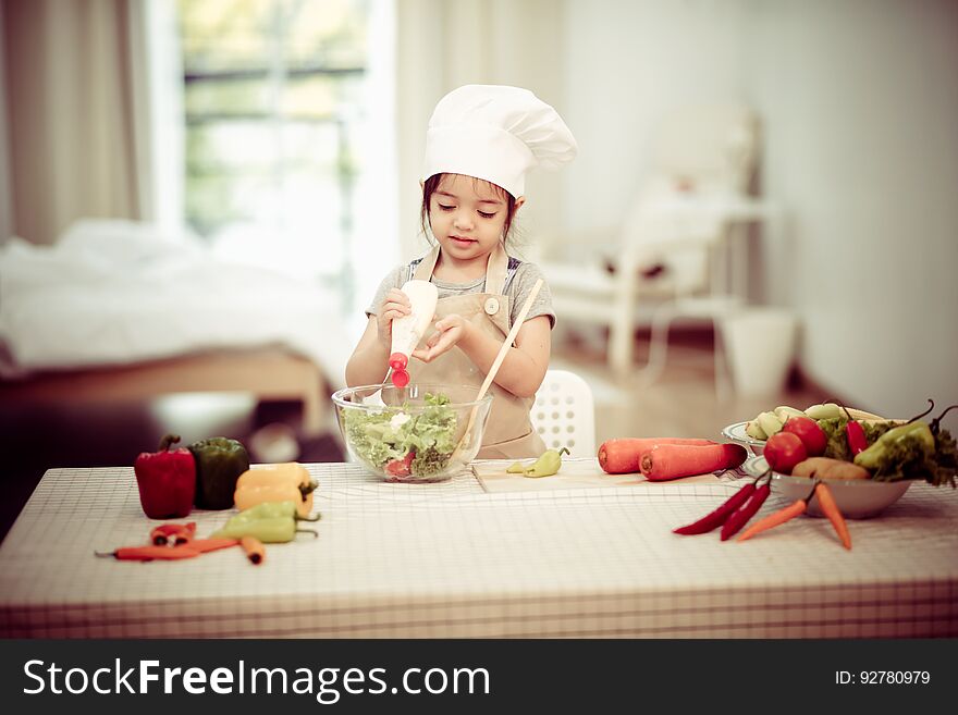 Little Girl Cooking Preparation Salad