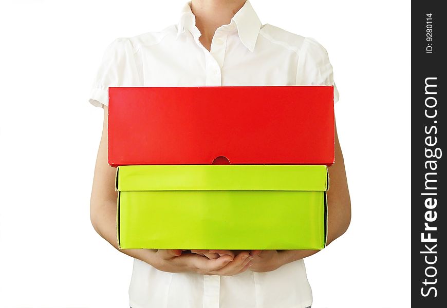 Girl with two boxes isolated over white