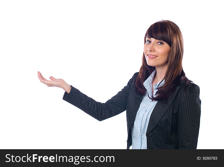 Business woman holding out hand isolated on white