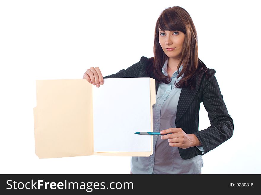 Business woman portrait isolated on white in the studio