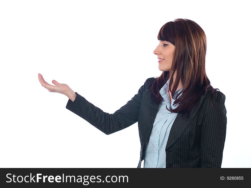 Business woman holding out hand isolated on white