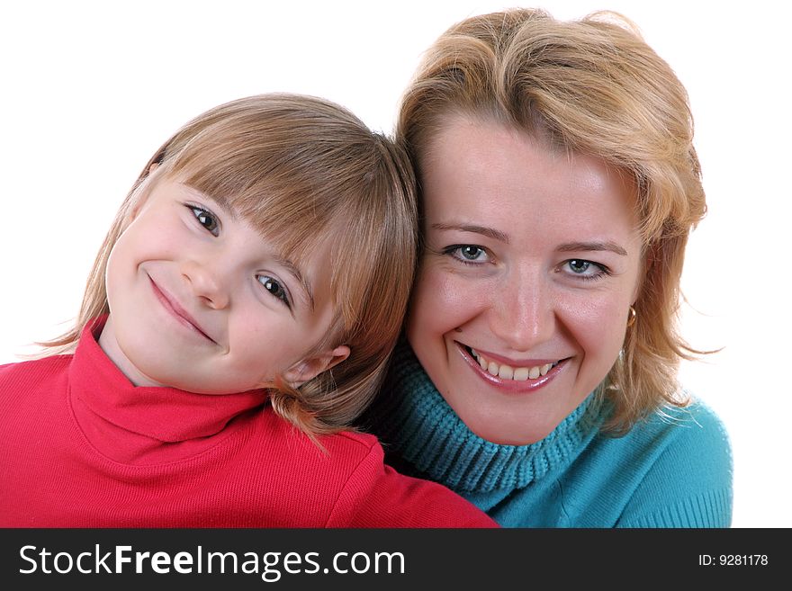 Portrait of happy mother and daughter isolated on a white background