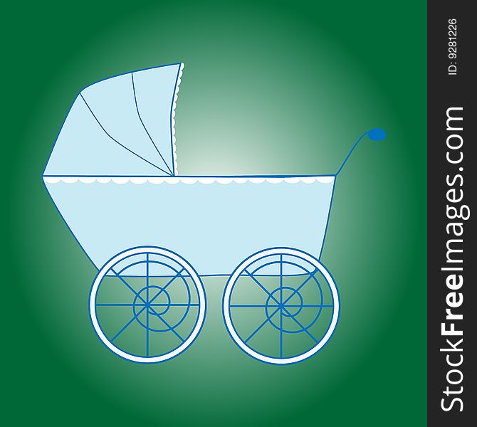 Blue baby boy stroller on green background