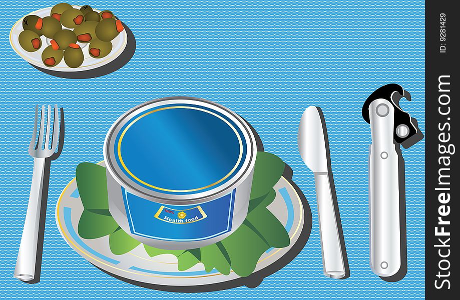 Vector illustration of a can on a table with olives and facilities