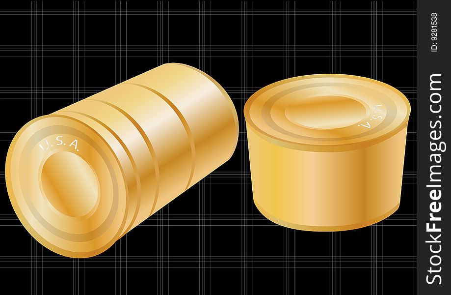 Vector illustration of two golden cans isolated on black background with gray stripes. Vector illustration of two golden cans isolated on black background with gray stripes