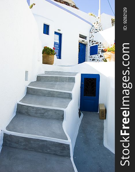 Colorful stairs with white houses in Santorini. Colorful stairs with white houses in Santorini