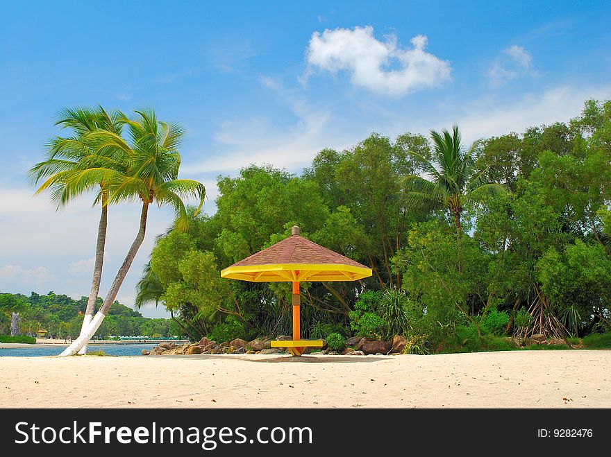 Tropical coconut trees, symbolizing holiday and leisure, and a quaint hut on a sandy beach. Tropical coconut trees, symbolizing holiday and leisure, and a quaint hut on a sandy beach