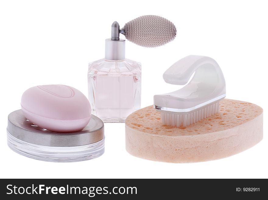 Toiletry, Soap with sponge, nailbrush and perfume against white background