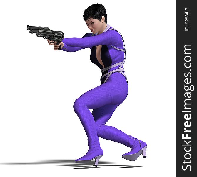 Rendering of Female Action Agent with guns contains Clipping Path. Rendering of Female Action Agent with guns contains Clipping Path