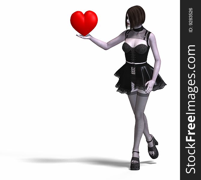 Young beautiful gothic girl woth heart in her hand With Clipping Path. Young beautiful gothic girl woth heart in her hand With Clipping Path