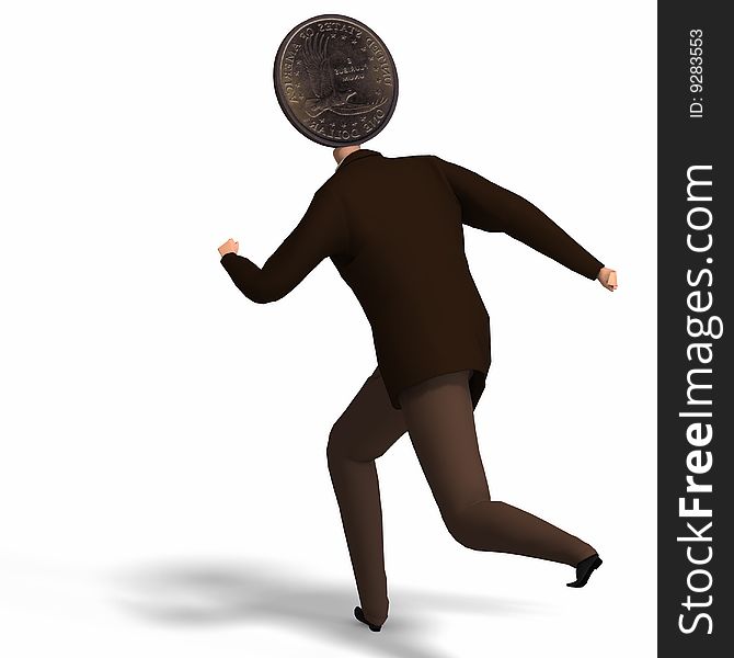 The man with a head as a dollar runs away with Clipping Path. The man with a head as a dollar runs away with Clipping Path