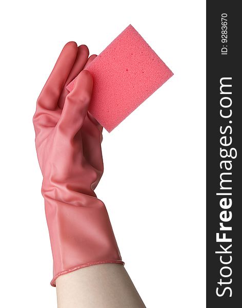 Hand in pink glove with a sponge