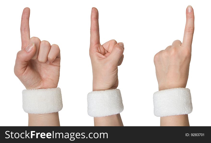 Woman hand in a white wristlet showing one from three sides isolated on white background (set). Woman hand in a white wristlet showing one from three sides isolated on white background (set)