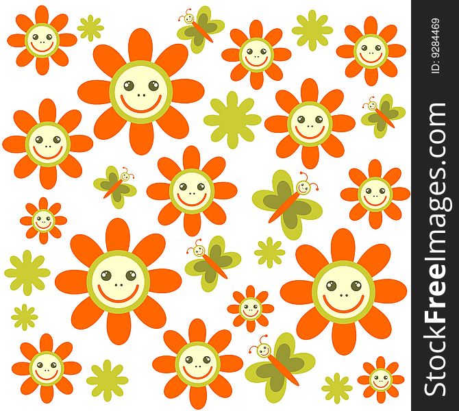 Pattern with cartoon orange flowers on a white background. Pattern with cartoon orange flowers on a white background.