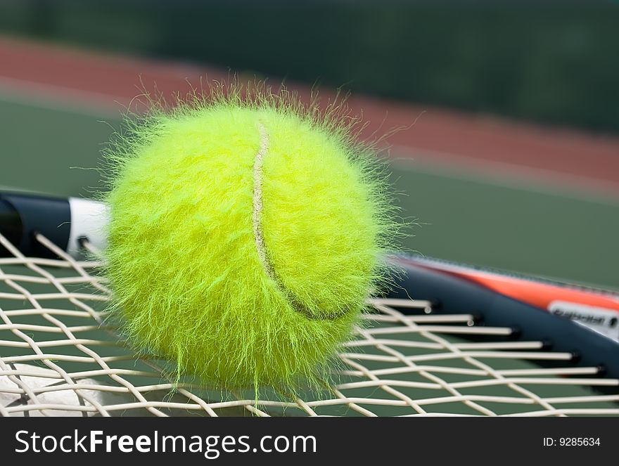 Shaggy tennis ball on a racquet