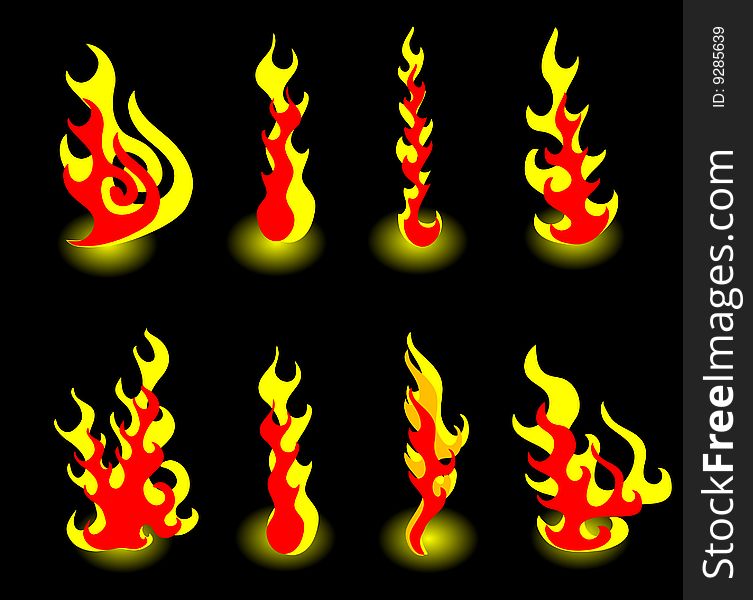 8 flames of fire on a black background