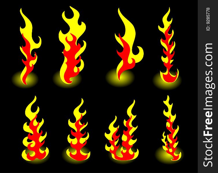 8 flames of fire on a black background