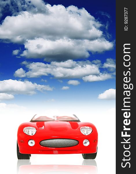 Buying car. Red sport car over sky.