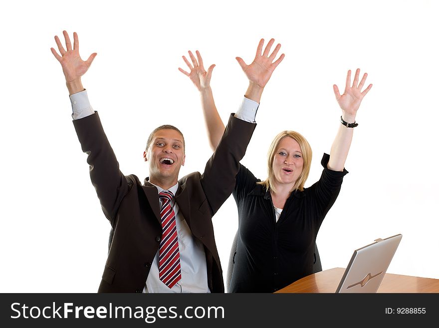Businessman and businesswoman cheering in office. Businessman and businesswoman cheering in office