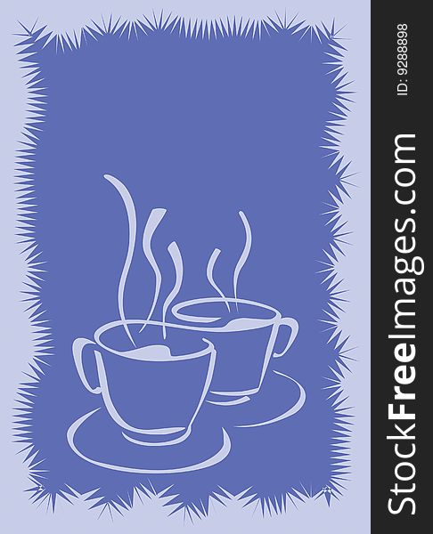 A stylized drawing of two coffee cups in a blue tone. A stylized drawing of two coffee cups in a blue tone