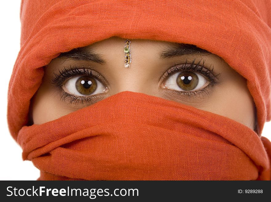 Woman on ethnic scarf white isolate