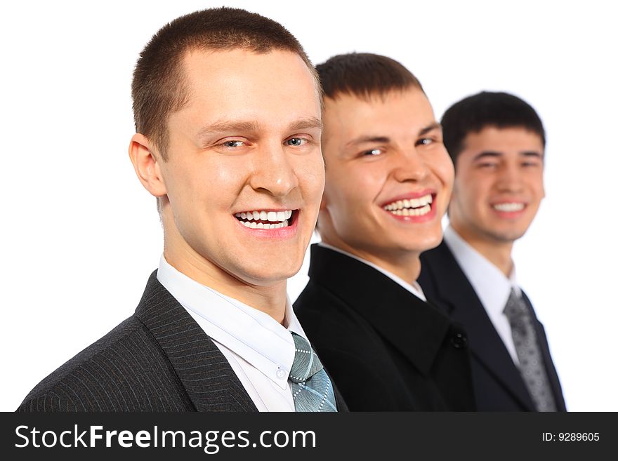 Three laughing businessmen on white