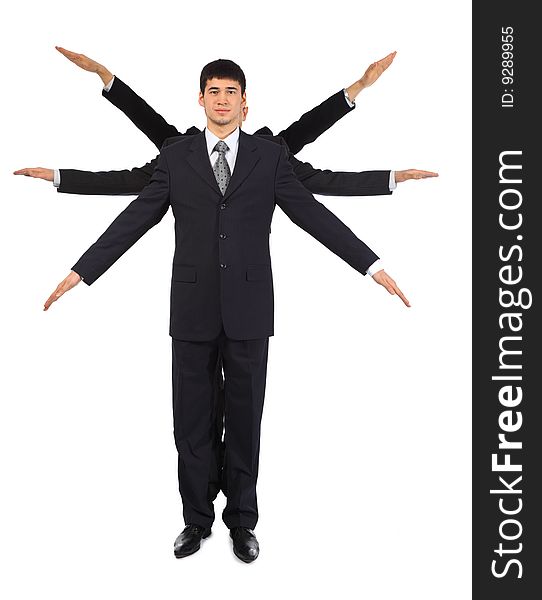 Young asian businessman with six hands on white